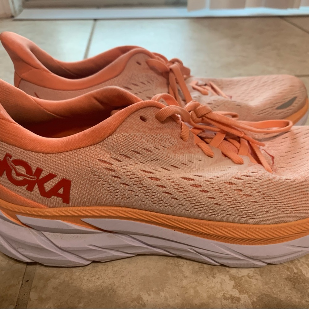 Women’s size 9, Hoka Clifton 8. Worn for one run. Good condition.